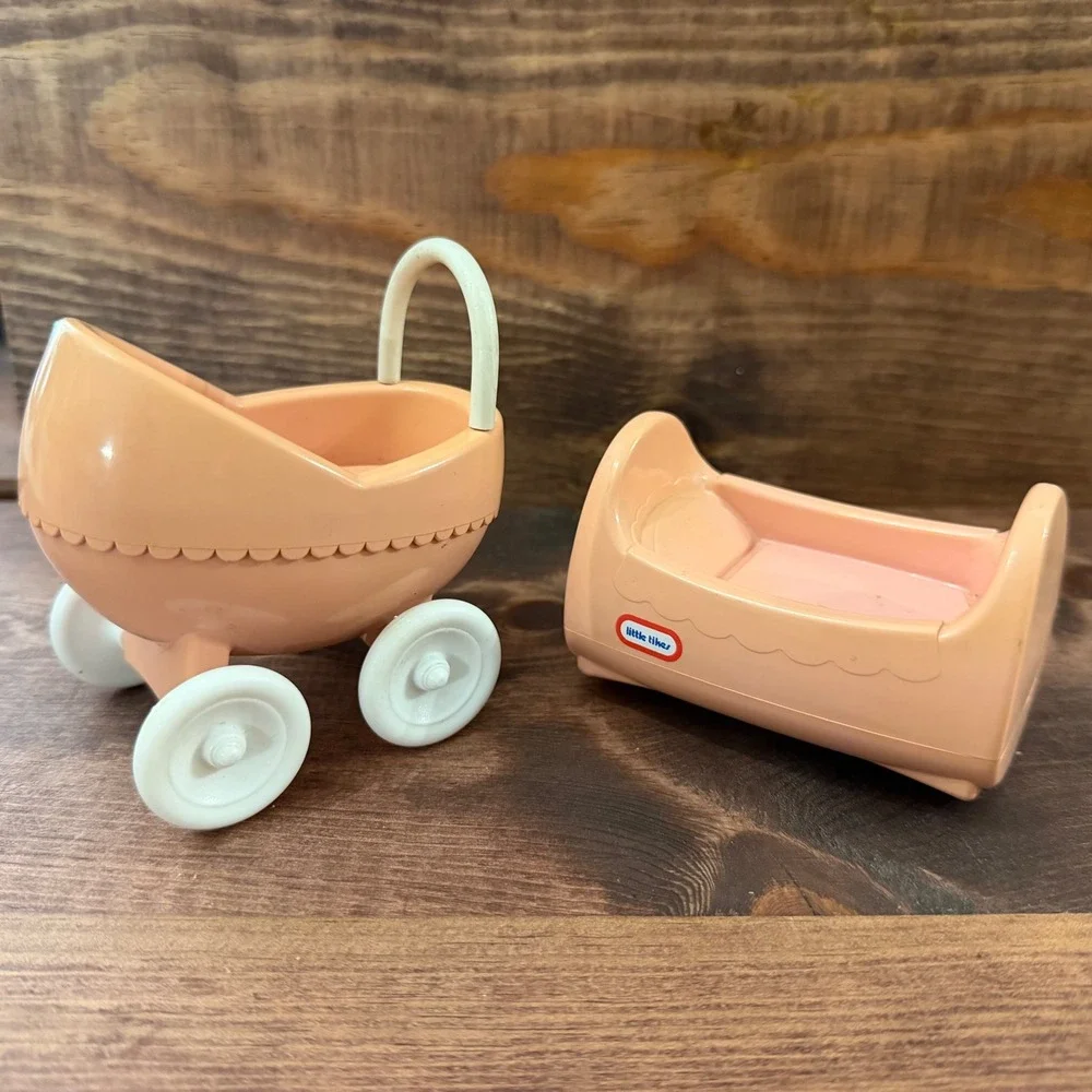 Vintage Little Tikes Pink Dollhouse Furniture Baby Carriage and Cradle Set